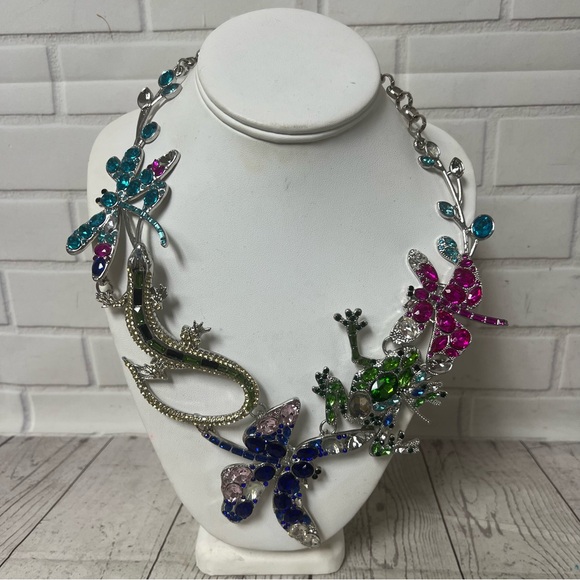 Sassy Jones Jewelry - Sassy Jones Statement Necklace Frog Lizard Dragonfly Jewels Bib Multicolor